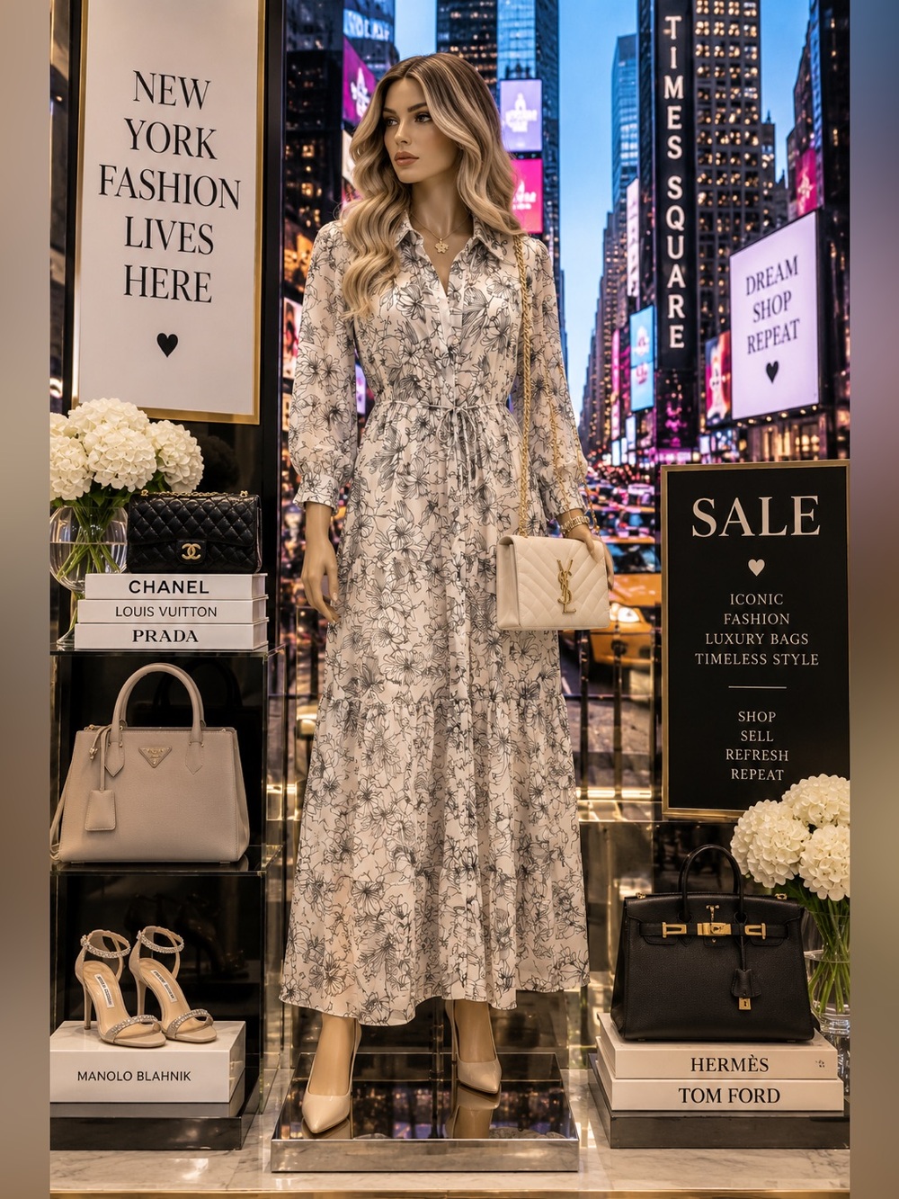 Collared White Maxi Dress with Gray Floral Print